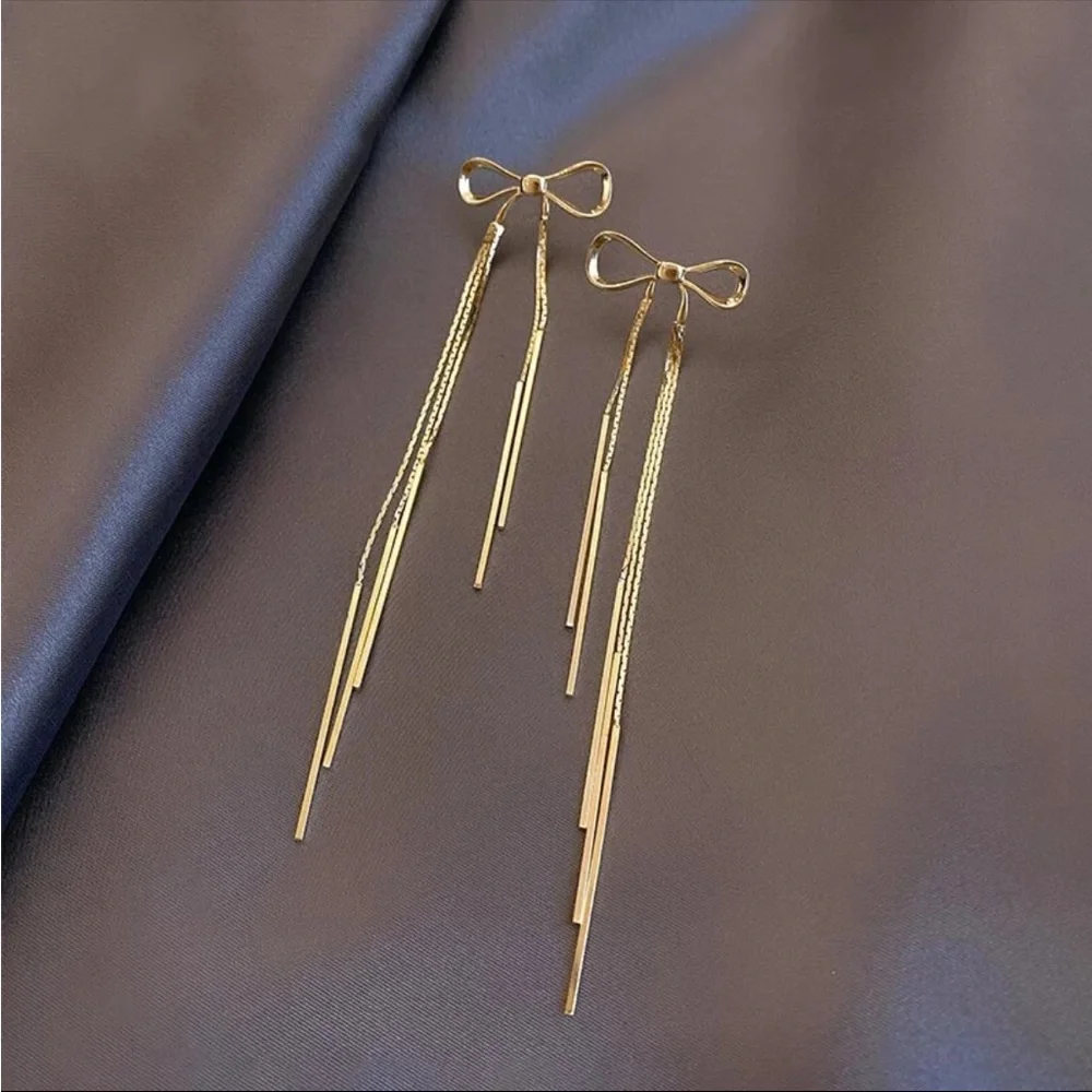 “Sweet Intentions” Gold Bow Dainty Delicate Tassel Sterling Silver Stud Earrings - Picture 7 of 7